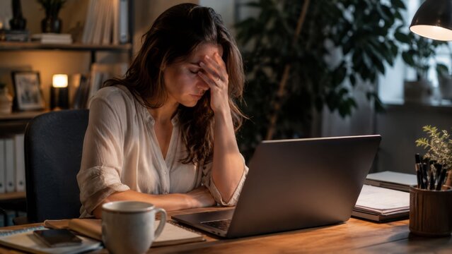 Upset woman reading a work email at her desk, photorealistic office scene.