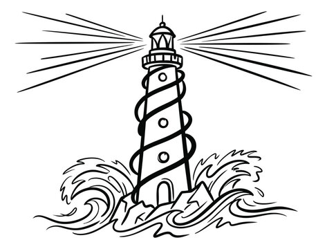 Bold outline illustration of a lighthouse depicting dramatic ocean waves and beacon light rays for nautical design