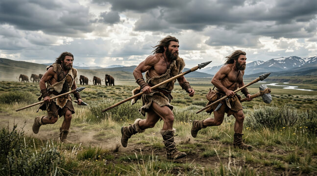 Anvient cavemen running with spears and stone hammer. Primitive hunters wearing animal skins chasing a herd of mammoths in a prehistoric wild landscape. Stone age survival concept