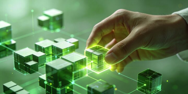 Hand arranging green holographic blocks for digital orchestration business resilience and operational adaptation header background with copy space