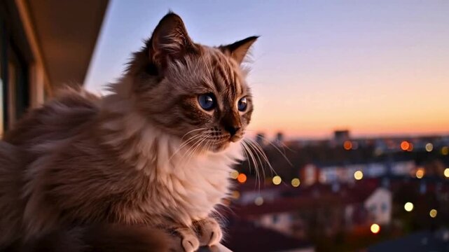 Fluffy cat on balcony watching sunset over city skyline