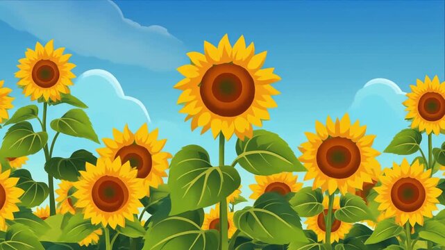 A vibrant digital illustration of a field of sunflowers blooming under a bright blue sky.
