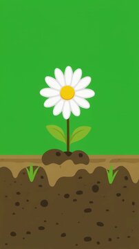 A flat vector illustration of a single daisy flower growing from the soil isolated on a solid green screen chroma key background.