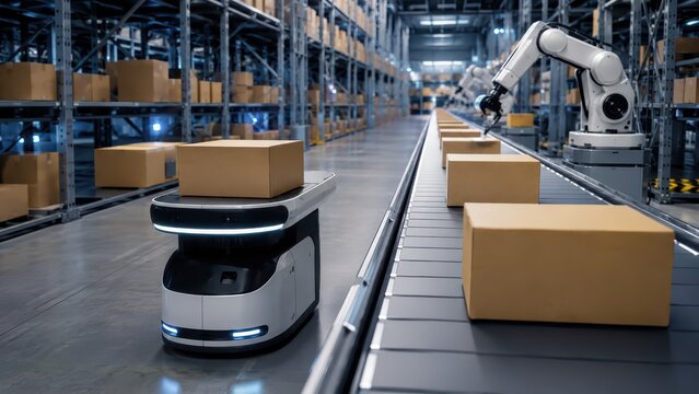A modern warehouse with automated robots and conveyor belts handling and sorting cardboard boxes for efficient logistics and inventory management.