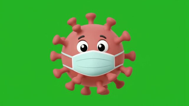 Cute cartoon coronavirus character wearing a medical face mask isolated on a solid green screen chroma key background.