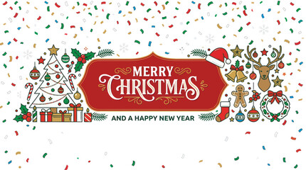 Merry Christmas and Happy New Year Festive Banner with Confetti and Ornaments © Jepe