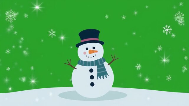 Cute cartoon snowman wearing a hat and scarf isolated on a solid green screen chroma key background with falling snowflakes.