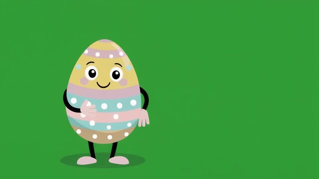 Cute cartoon Easter egg character standing isolated on a solid green screen chroma key background.