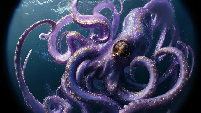 Epic Giant Kraken Squid Formed by Swirling Liquid Nebula and Gold Fluid