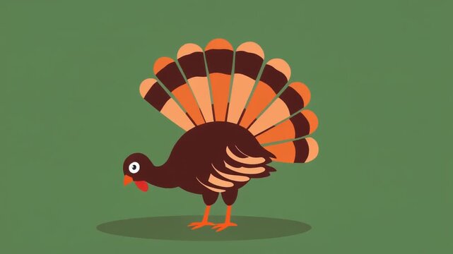 A flat vector illustration of a cute turkey standing isolated on a solid green screen chroma key background.