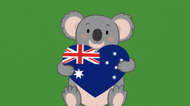A cute cartoon koala bear holding a heart shape featuring the Australian flag isolated on a solid green screen chroma key background..