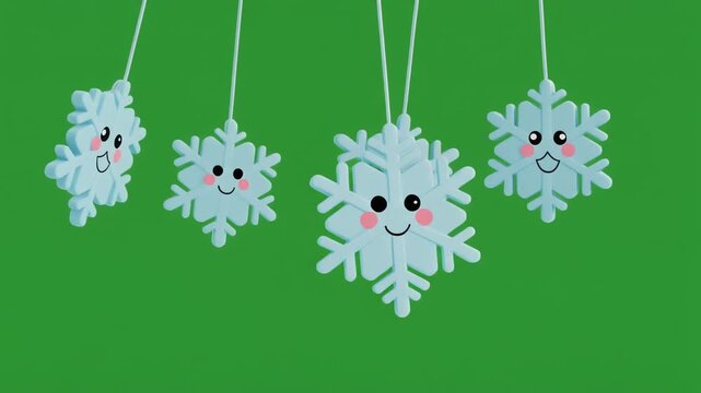 Cute cartoon snowflakes with happy faces hanging isolated on a solid green screen chroma key background.