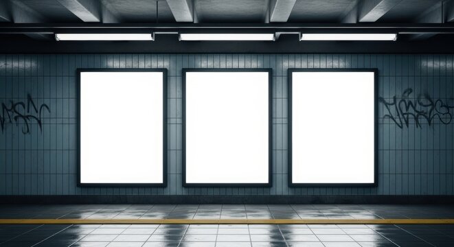 Three illuminated blank poster mockups in underground subway station, urban advertising lightbox display for transit marketing, public signage, campaign design and city branding