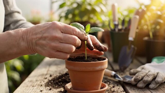 Senior hands planting young plant in terracotta pot outdoors