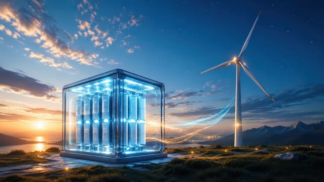 A futuristic energy storage unit connected to a wind turbine, set in a mountainous landscape at sunset with a partly cloudy sky.