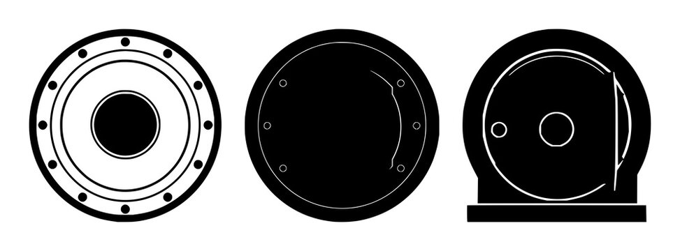 Bank vault door set with solid black icon on white background featuring vault, security, bank with icon and black and white