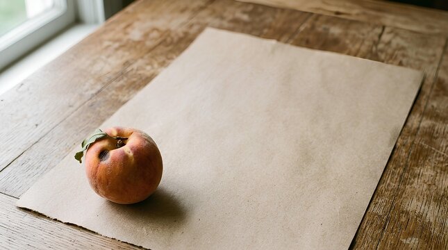 Single imperfect peach with a small bruise resting on a plain kraft paper sheet in the lower left corner of a large open surface, most of the sheet left empty as negative space.