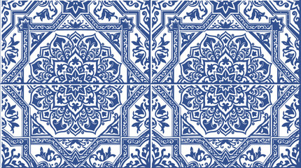 Intricate blue and white geometric tile pattern with floral motifs for design. © bohey