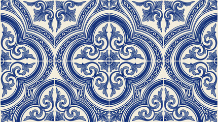 Intricate blue and white damask pattern featuring ornate scrolling motifs and repeating floral arabesque elements. © bohey