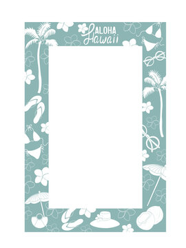 Aloha Hawaii poster with palm trees, sandals, umbrella, sunglasses, bikini and flowers