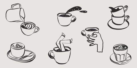 Obraz premium Playful doodle collection of coffee cups, espresso mugs and cafe icons. Cartoon hand drawn characters with retro charm for creative menu designs and quirky sticker projects