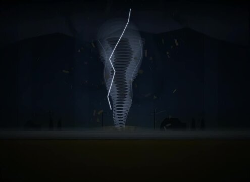 A stylized dark image depicting a glowing, spiraling vortex or tornado with a bright white line tracing its path, set against a dark, stormy background.