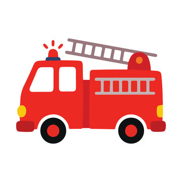 Cute cartoon red fire truck engine with ladder flat vector illustration