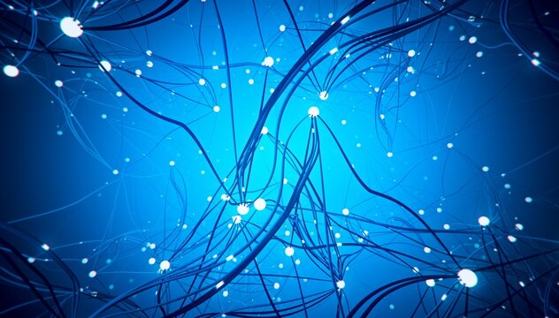 Abstract blue fiber optic background with glowing nodes and digital neuron network.