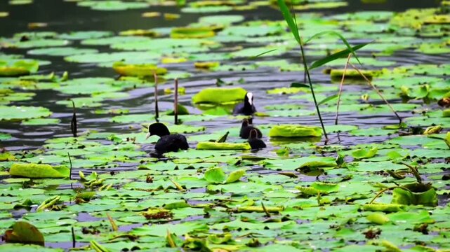 Eurasian coots with chicks swimming in a pond covered with water lilies
