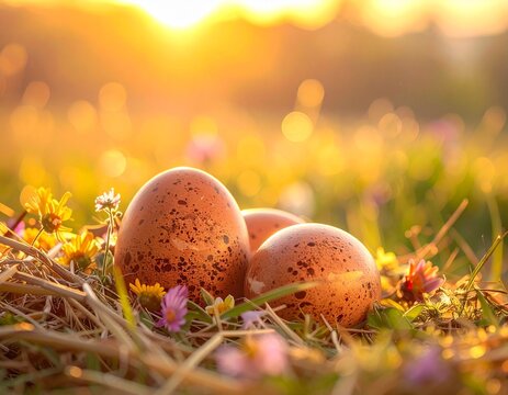 Speckled turkey eggs in a straw and wildflower nest with golden meadow bokeh. A concept of spring awakening.