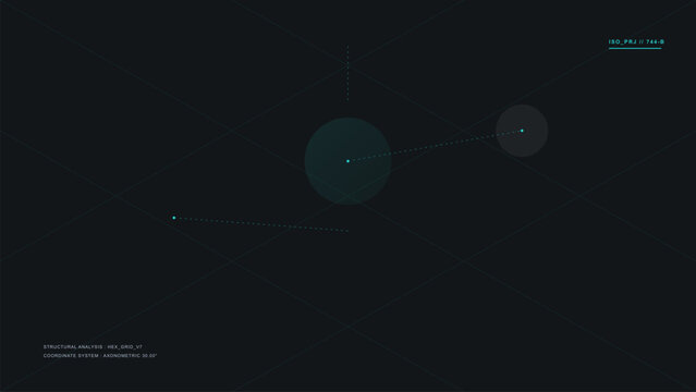 Futuristic HUD UI data visualization screen with structural analysis hex grid and axonometric coordinate system