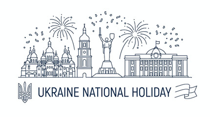Ukraine National Holiday line art illustration with Kyiv landmarks and fireworks. © Tirana