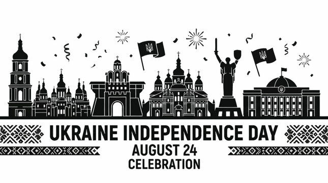 Ukraine Independence Day Celebration with Kyiv City Landmarks Silhouette.