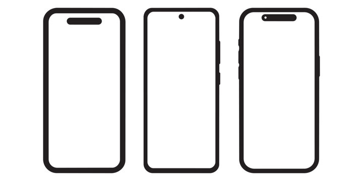 Simple line art smartphone models featuring front camera cutouts on screen display in minimalist black aesthetic style.