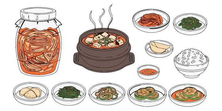 Korean food set featuring kimchi stew side dishes rice bowl and pickled vegetables in traditional ceramic serving bowls set.