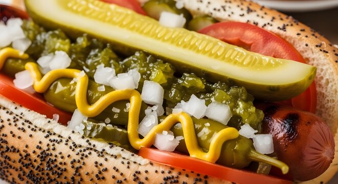 Chicago style hot dog close up with poppy seed bun