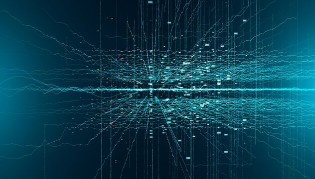 Cyan digital grid landscape with glowing particles and futuristic perspective lines.