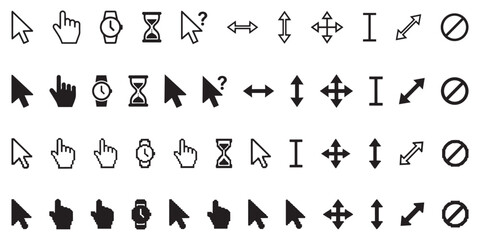 Naklejka premium Group of various computer cursors including arrow hand I beam hourglass and forbidden sign icons.