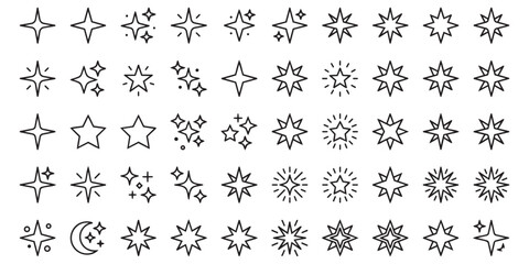 Various styles of star symbols, including starbursts, shooting stars, and crescent moon icons in line art. © SaHeD