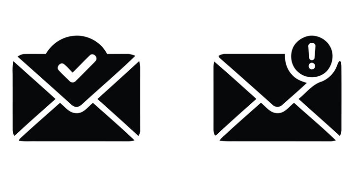 envelope icons with checkmark and exclamation mark flat black on white background symbol communication message alert confirmation notification email