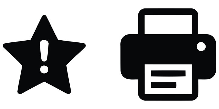 star alert icon and printer icon on white background flat black symbol exclamation mark device output technology communication graphic