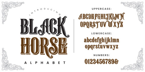 Black Horse western vintage serif decorative font with classic elegant floral border frame vector © Kiki