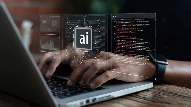 Person typing on laptop with AI interface overlay.