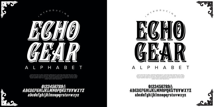 Echo Gear bold italic display font style with clean elegant corner frame vector template
