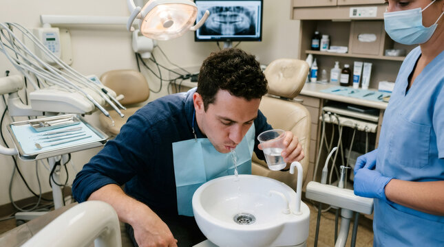 Man spitting water into dental sink while woman dentist stands nearby. Patient rinsing mouth after dental procedure in modern clinic. Professional oral healthcare and treatment concept.