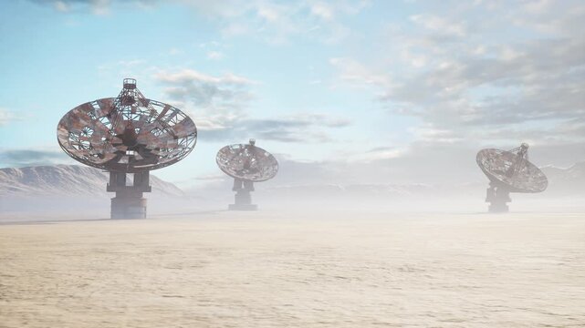 desert radar dishes in misty sunrise, silent parabolic arrays rising from sandy plain, rusted metal structures framed by distant mountains and low clouds,