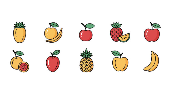 Colorful cartoon fruit icons set.