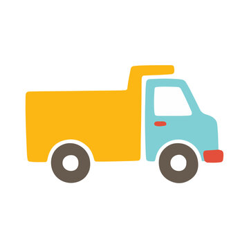 Cute cartoon yellow dump truck tipper flat vector illustration