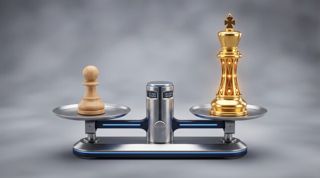 Golden King and Wooden Pawn Chess Pieces Balanced on a Weight Scale, Concept of Equality and Value
