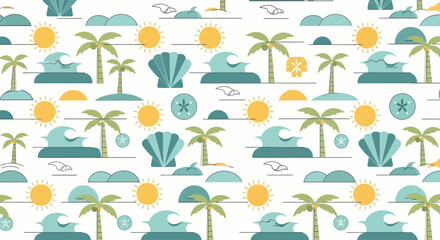 Seamless Summer Beach Pattern with Palm Trees and Waves © Telo